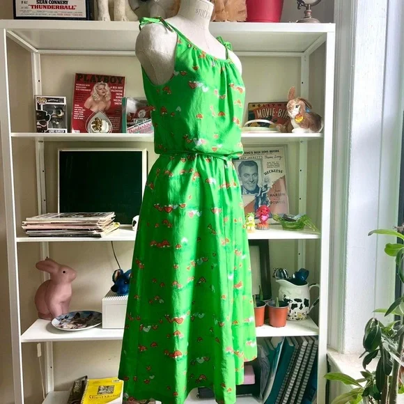 ***SOLD*** Vintage 70’s Malia Honolulu Mushroom Print Sun Dress Green - Picture 3 of 4